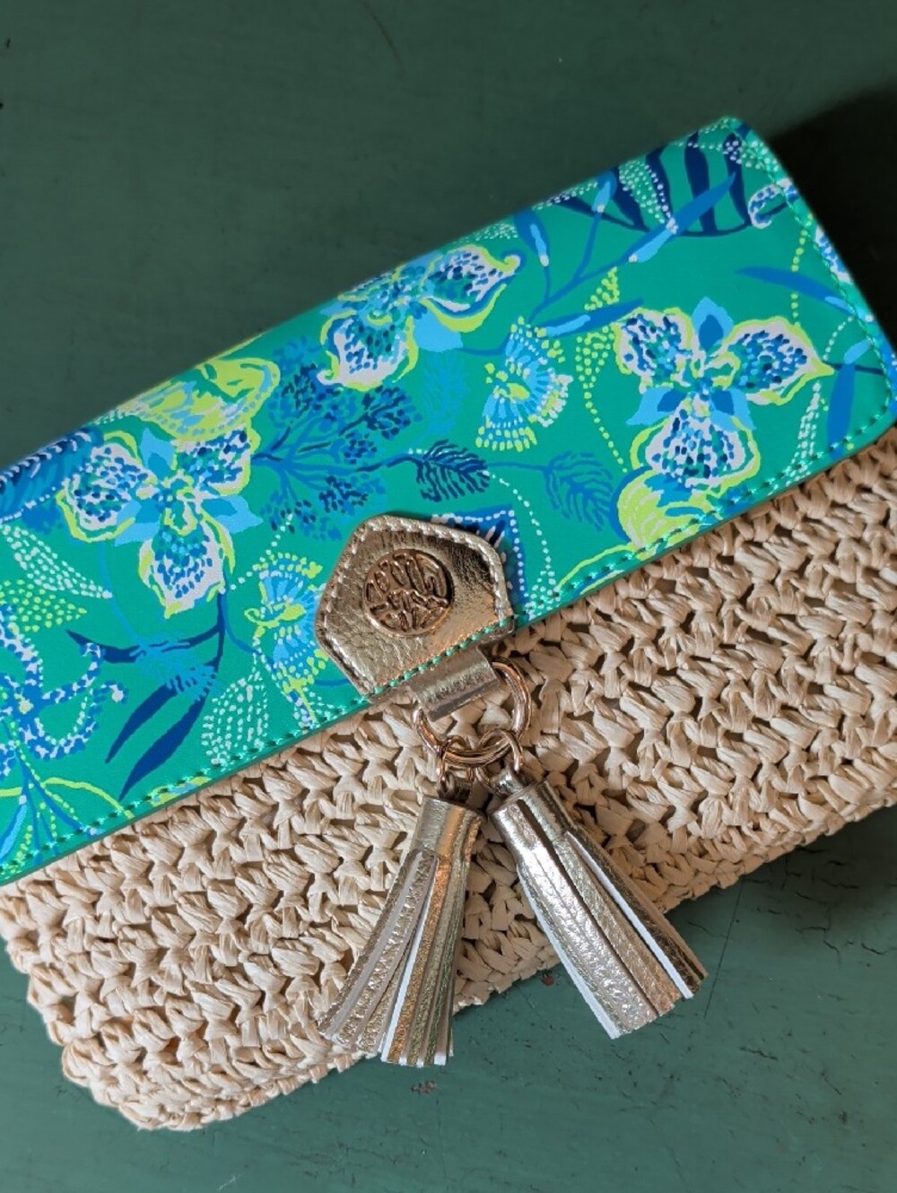 Lilly Pulitzer Woven Straw Crossbody with Green Floral Flap and Gold Tassels
